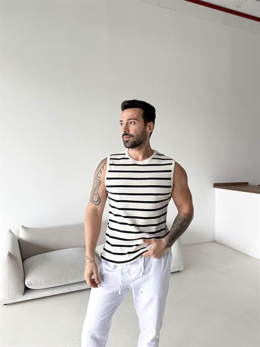 Ekru Örgü Biyeli Çizgili Sıfır Kol Atlet LNS 42014