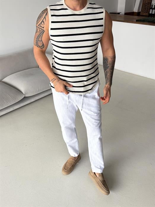 Ekru Örgü Biyeli Çizgili Sıfır Kol Atlet LNS 42014