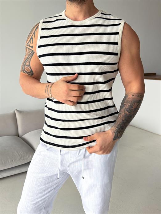 Ekru Örgü Biyeli Çizgili Sıfır Kol Atlet LNS 42014