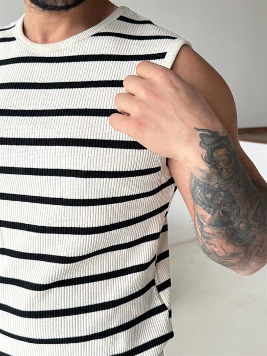 Ekru Örgü Biyeli Çizgili Sıfır Kol Atlet LNS 42014