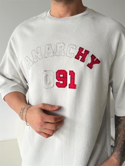 Gri Anarchy Nakış Yıkamalı Tişört VMS V70-153