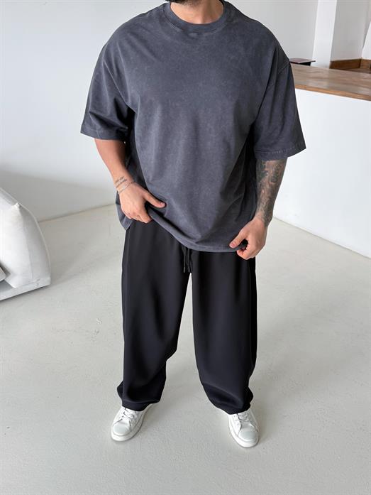 Gri Compak Gramajlı Yıkamalı Oversize Tişört PLZ