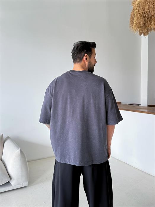 Gri Compak Gramajlı Yıkamalı Oversize Tişört PLZ