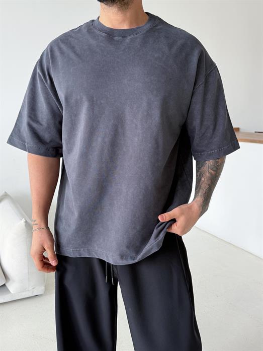 Gri Compak Gramajlı Yıkamalı Oversize Tişört PLZ