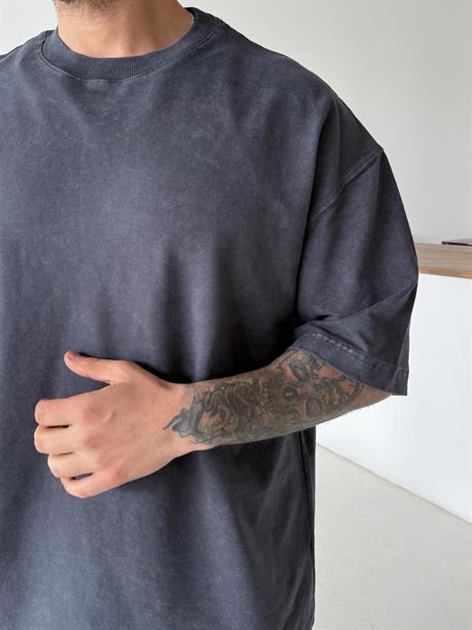 Gri Compak Gramajlı Yıkamalı Oversize Tişört PLZ