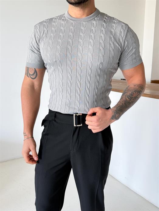 Gri Saç Örgü Bisiklet Yaka Triko TK