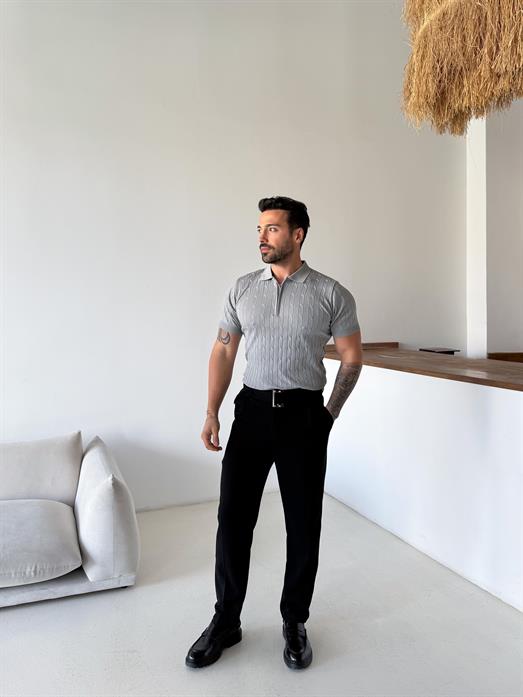 Gri Saç Örgü Fermuarlı Triko TK