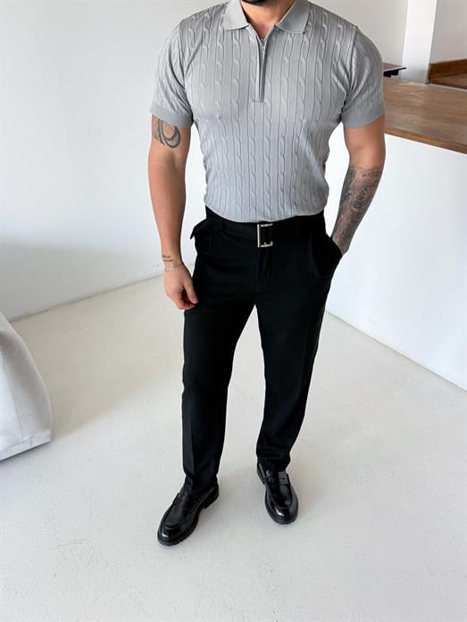 Gri Saç Örgü Fermuarlı Triko TK