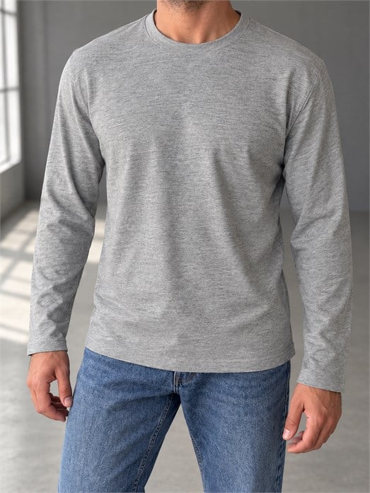 Gri Uzun Kollu Pamuk Basic T-Shirt GST 0701