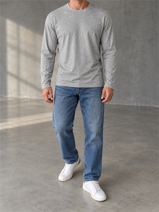 Gri Uzun Kollu Pamuk Basic T-Shirt GST 0701