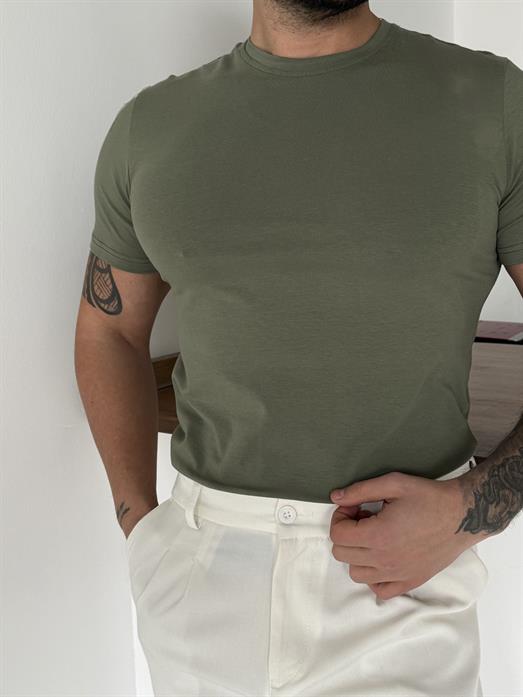 Haki Kısa Kol Penye Pamuk Likralı T-SHİRT SC