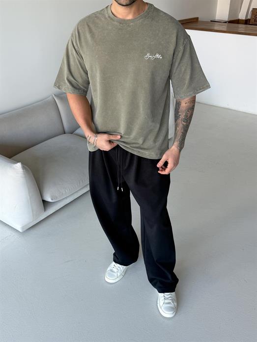 Haki Nakışlı Yıkamalı Oversize Tişört BRR 20223