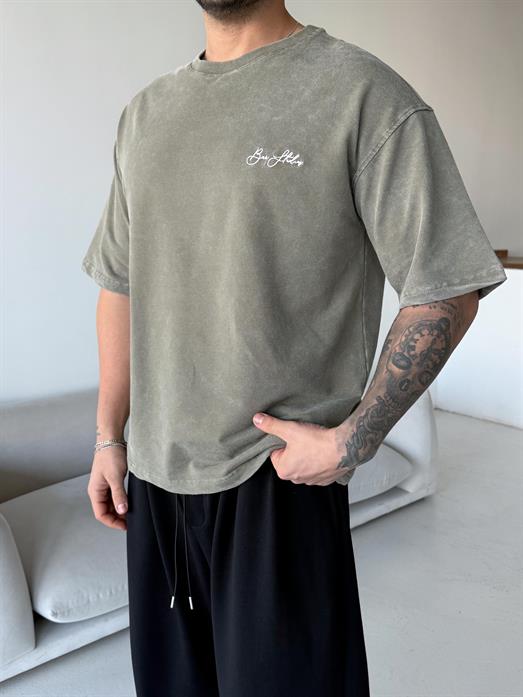 Haki Nakışlı Yıkamalı Oversize Tişört BRR 20223