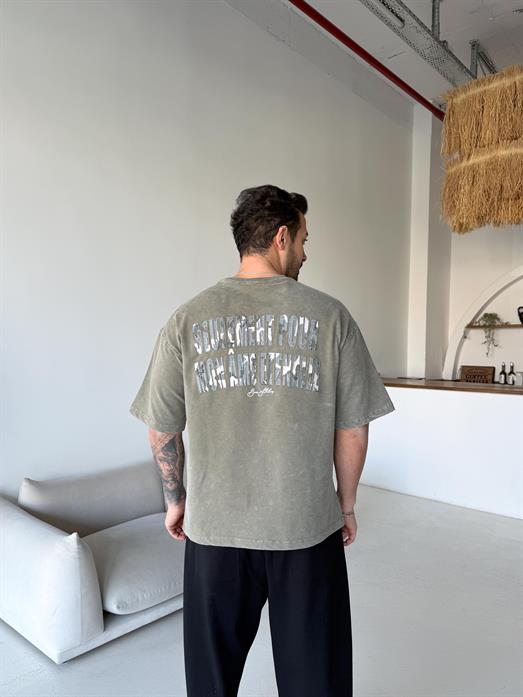 Haki Nakışlı Yıkamalı Oversize Tişört BRR 20223