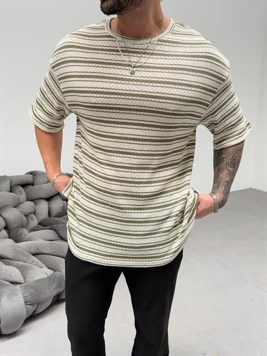Haki Örgü Triko Yatay Çizgili Oversize TSHİRT EST E7007