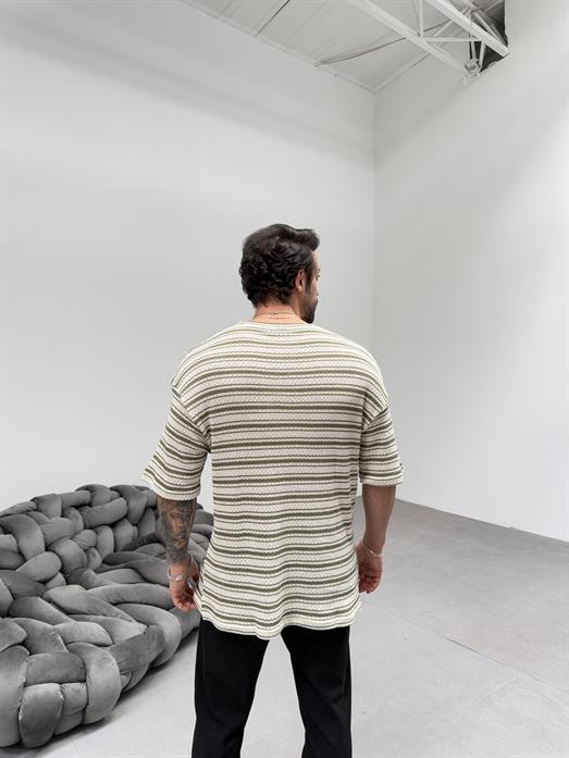 Haki Örgü Triko Yatay Çizgili Oversize TSHİRT EST E7007