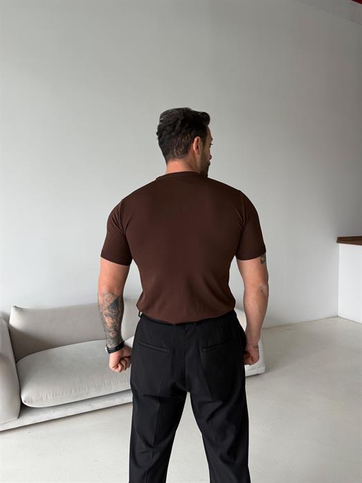 Kahve Düz Detaysız Triko Tişört TK