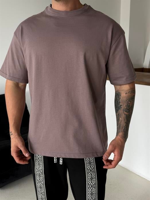 Kahve Düz Pamuk Oversize T-SHİRT SC