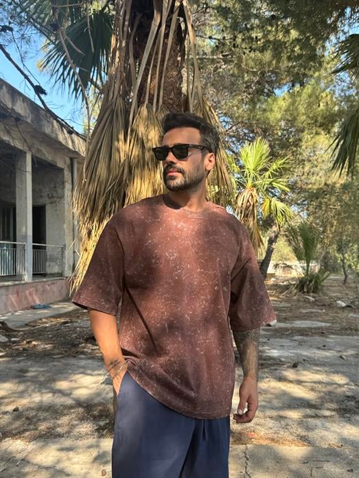 T-SHİRTKahve Düz Yıkamalı Oversize T-SHIRT PNC 8064