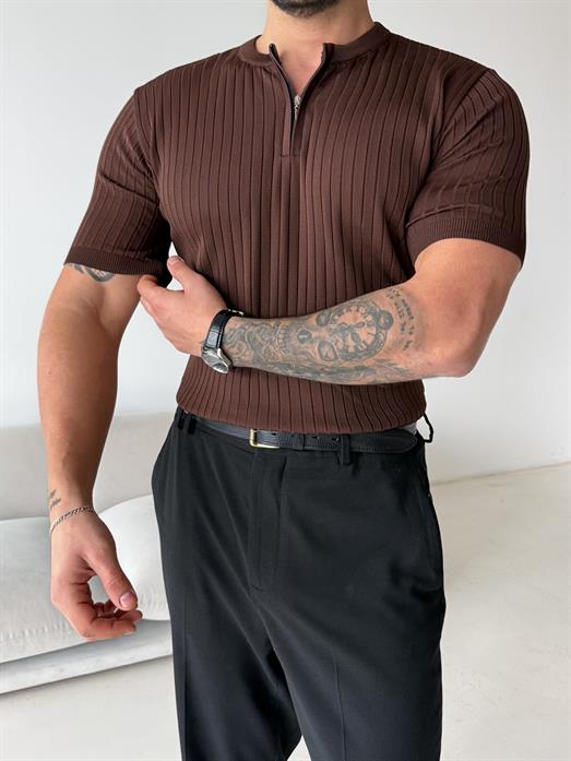 Kahve Fitilli Fermuarlı Bisiklet Yaka Triko TK