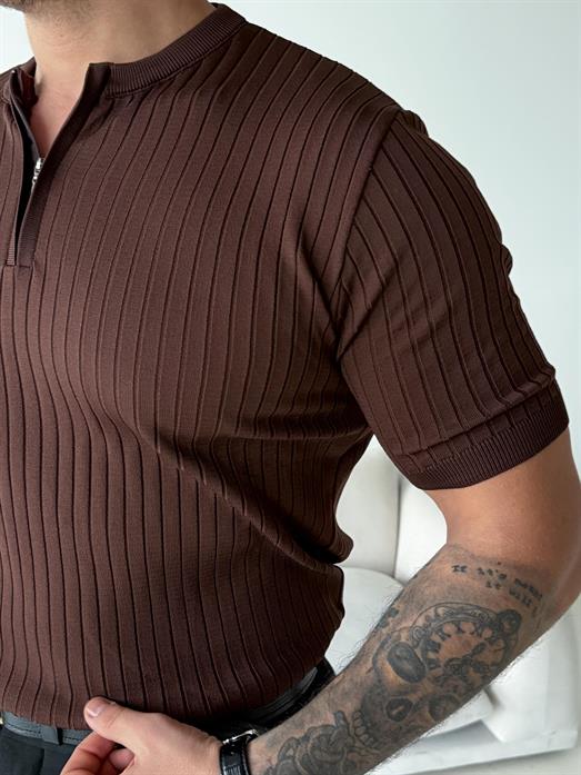 Kahve Fitilli Fermuarlı Bisiklet Yaka Triko TK