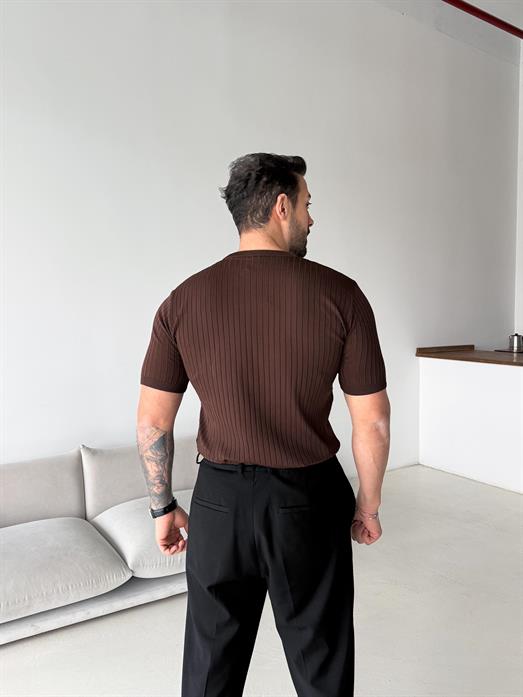 Kahve Fitilli Fermuarlı Bisiklet Yaka Triko TK