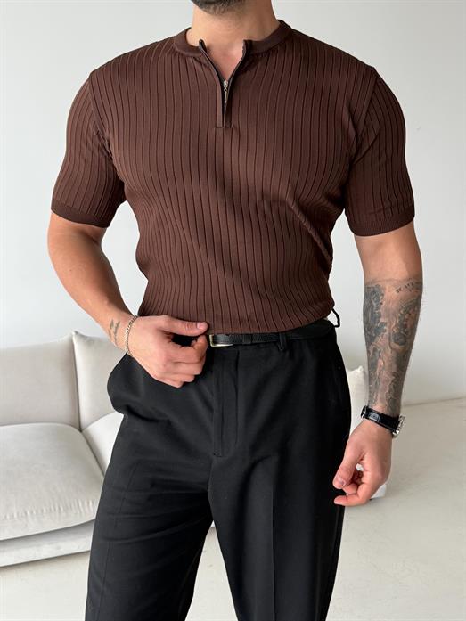 Kahve Fitilli Fermuarlı Bisiklet Yaka Triko TK