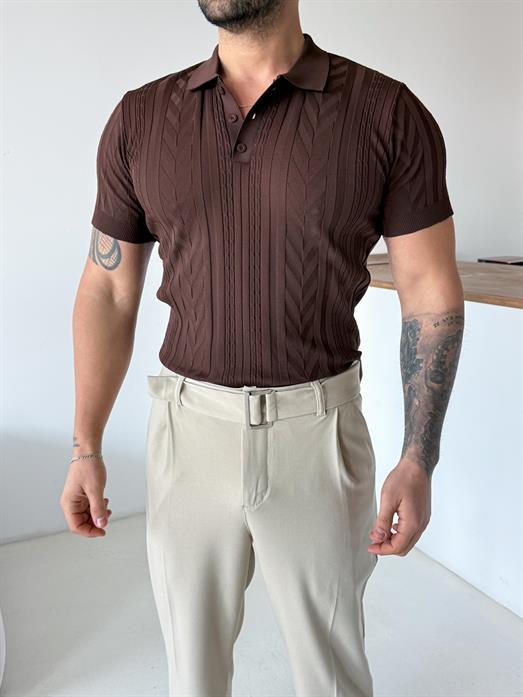 Kahve Jakar Desenli Düğmeli Polo Triko Tk