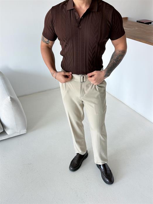 Kahve Jakar Desenli Düğmeli Polo Triko Tk