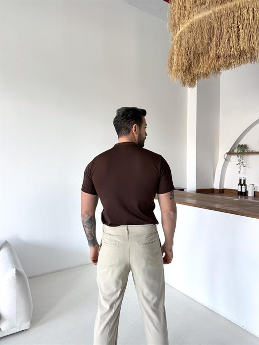 Kahve Jakar Desenli Düğmeli Polo Triko Tk