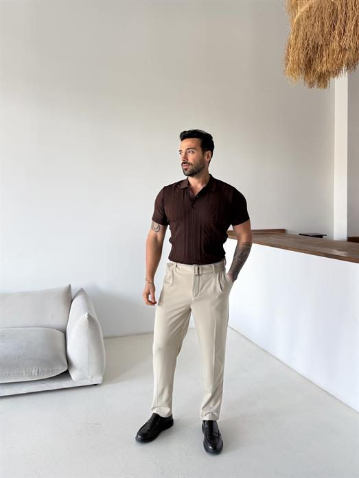 Kahve Jakar Desenli Düğmeli Polo Triko Tk