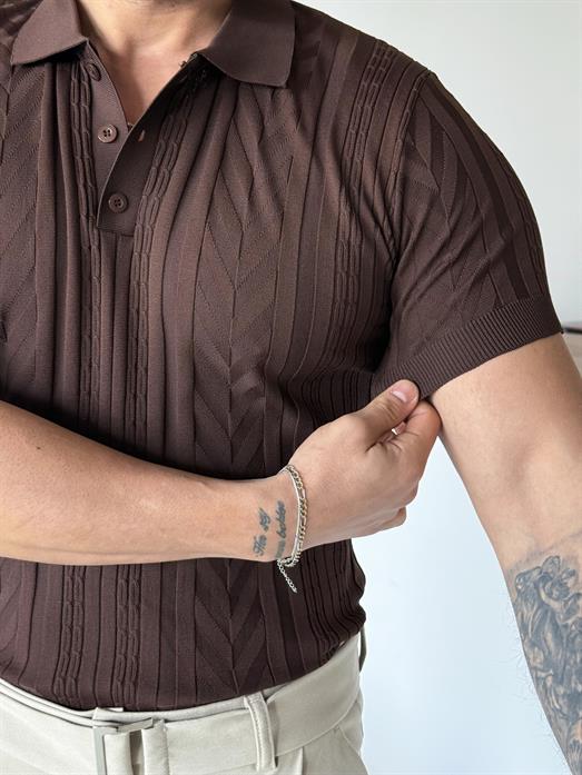 Kahve Jakar Desenli Düğmeli Polo Triko Tk