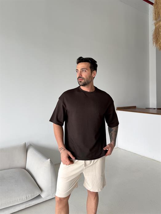 Kahve Oysho Autumn Çizgi Desen Tişört VMS V70-179