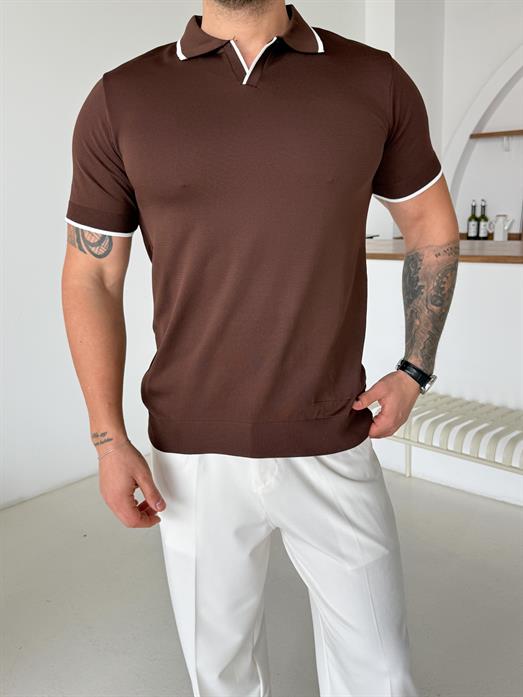 Kahve Yaka Çizgili Polo Yaka TK