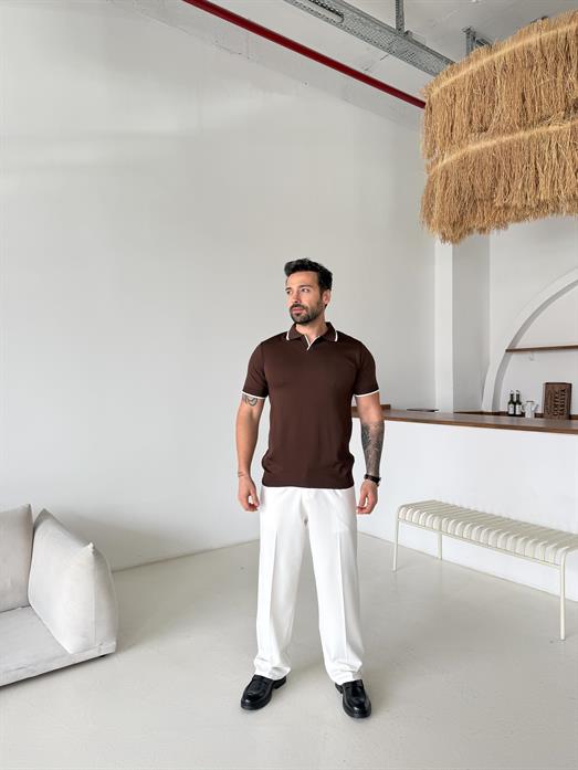 Kahve Yaka Çizgili Polo Yaka TK