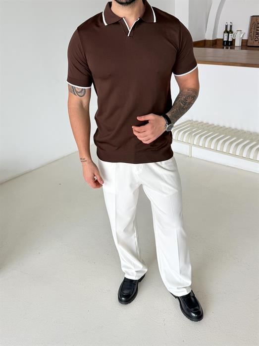 Kahve Yaka Çizgili Polo Yaka TK