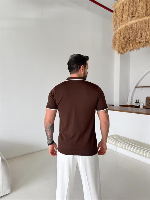 Kahve Yaka Çizgili Polo Yaka TK