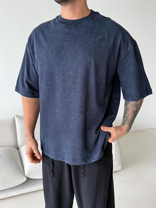 Lacivert Compak Gramajlı Yıkamalı Oversize Tişört PLZ
