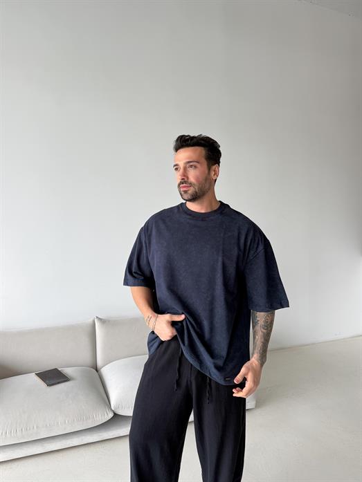 Lacivert Compak Gramajlı Yıkamalı Oversize Tişört PLZ