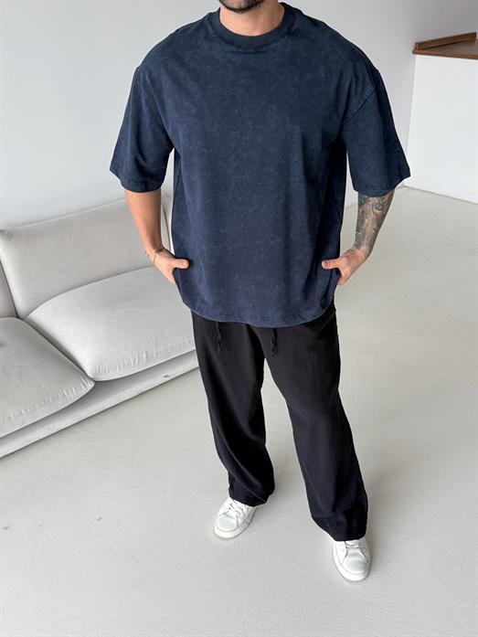 Lacivert Compak Gramajlı Yıkamalı Oversize Tişört PLZ