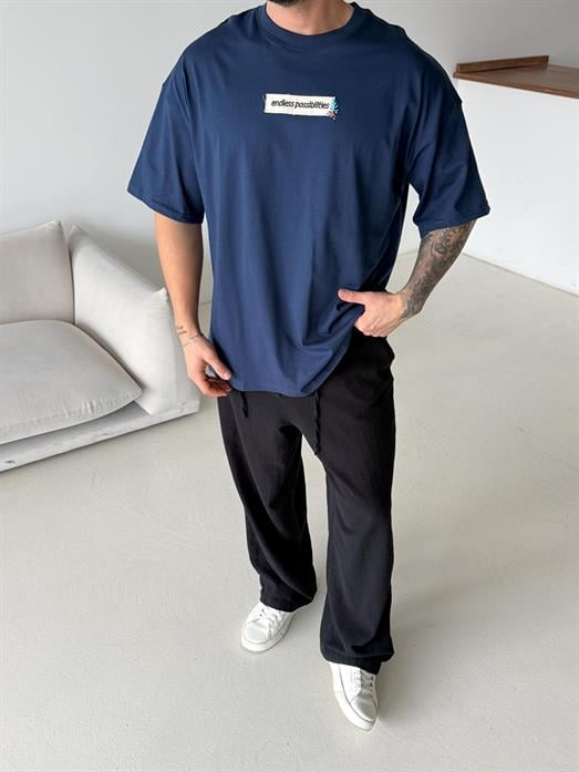 Lacivert Endless Nakışlı Oversize Tişört JJ