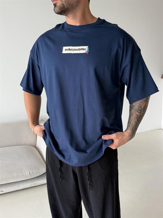 Lacivert Endless Nakışlı Oversize Tişört JJ