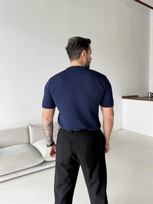 Lacivert Fitilli Fermuarlı Bisiklet Yaka Triko TK