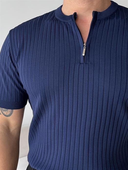 Lacivert Fitilli Fermuarlı Bisiklet Yaka Triko TK