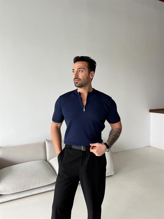 Lacivert Fitilli Fermuarlı Bisiklet Yaka Triko TK