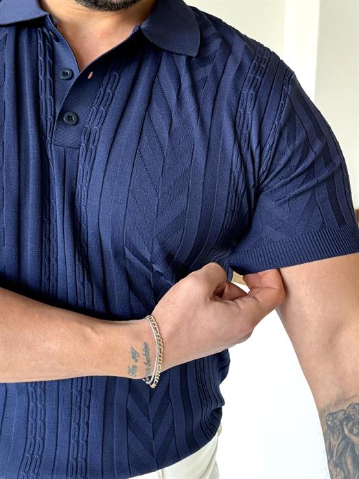 Lacivert Jakar Desenli Düğmeli Polo Triko Tk