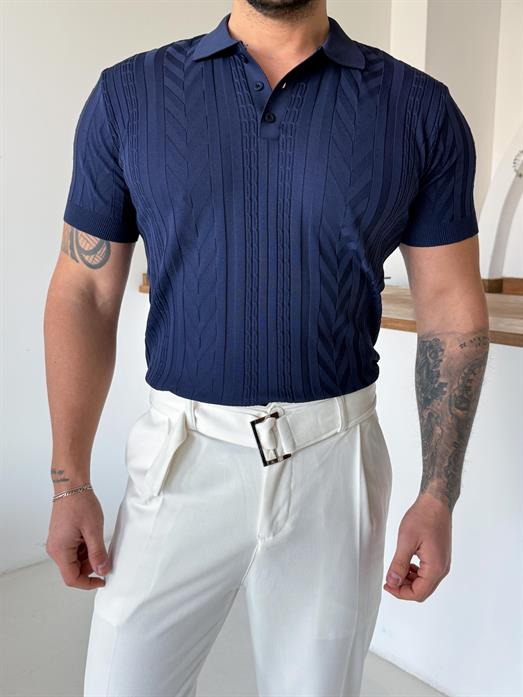 Lacivert Jakar Desenli Düğmeli Polo Triko Tk