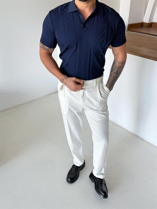 Lacivert Jakar Desenli Düğmeli Polo Triko Tk