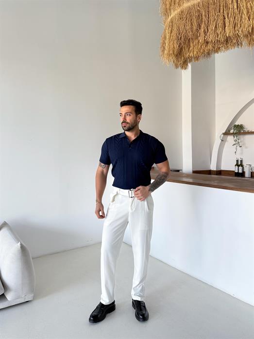 Lacivert Jakar Desenli Düğmeli Polo Triko Tk