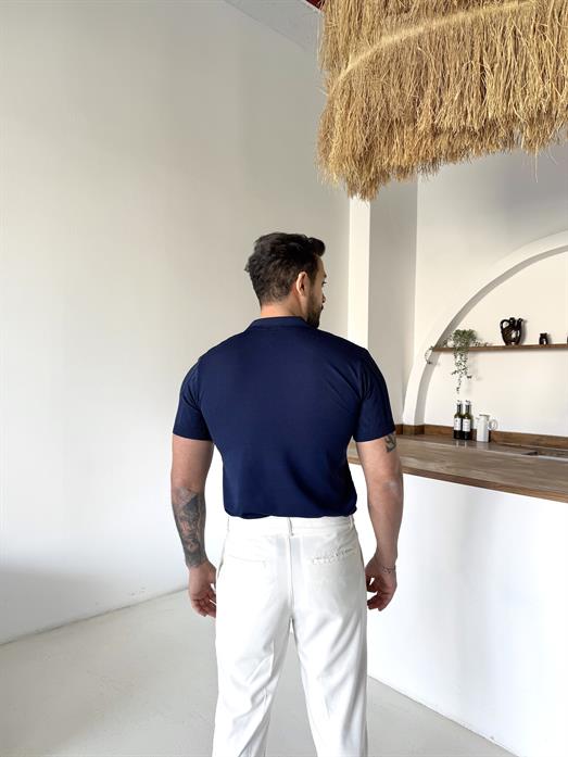 Lacivert Jakar Desenli Düğmeli Polo Triko Tk